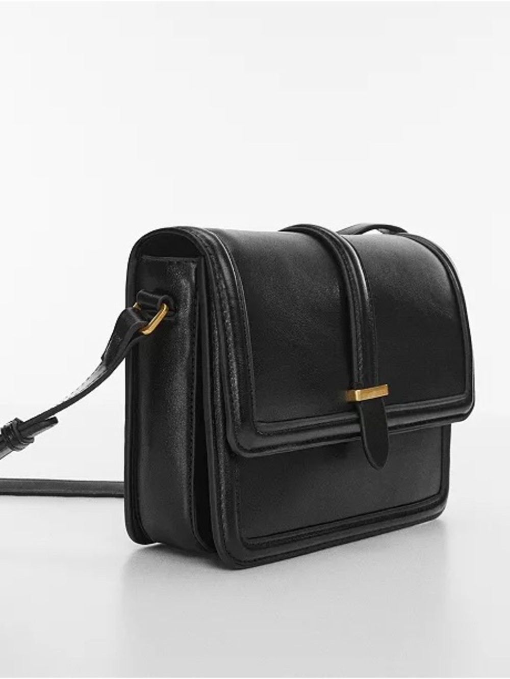 MANGO Rectangle Piece Classic Black Leather Crossbody Bag with Gold Accent NWOT